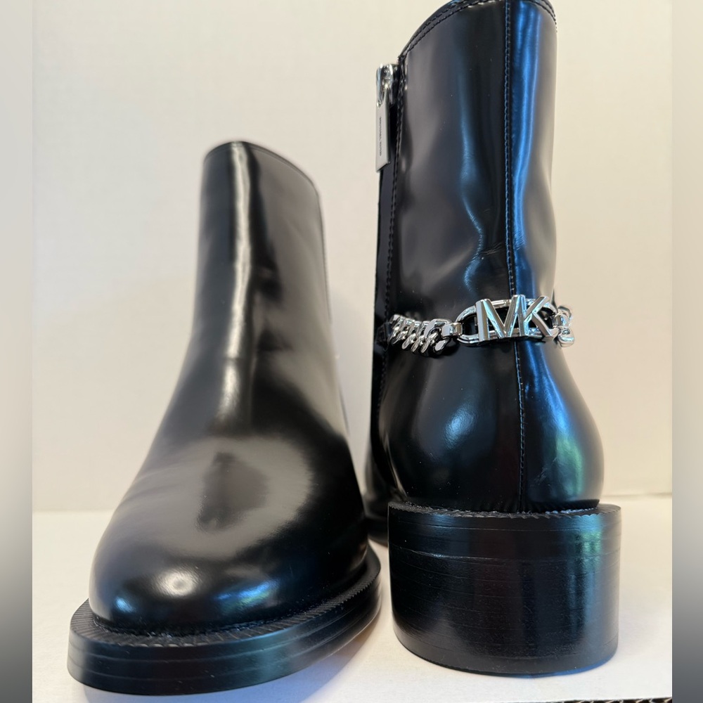 Michael Kors Carlisle Black Women’s Flat Bootie with Silver Accent Chain, Size9M